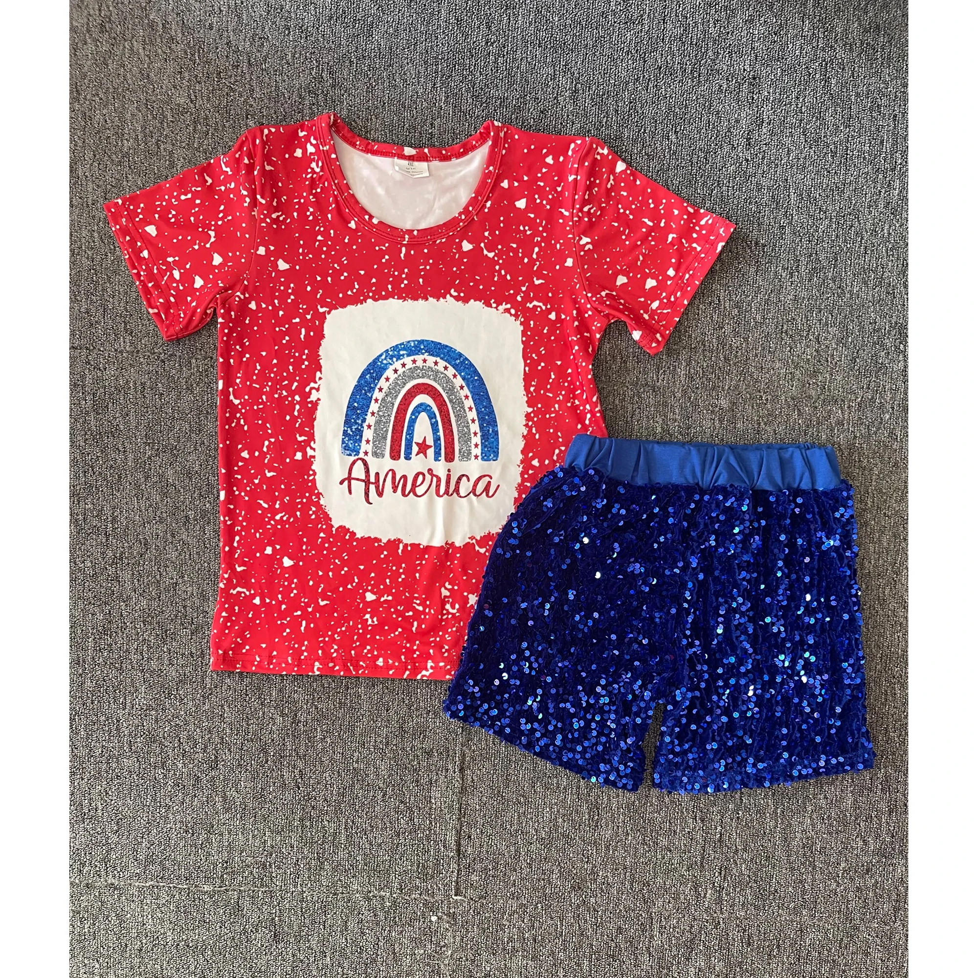 

July 4th Summer Children's American Lettering Red Top Short Sleeve Blue Sequined Shorts