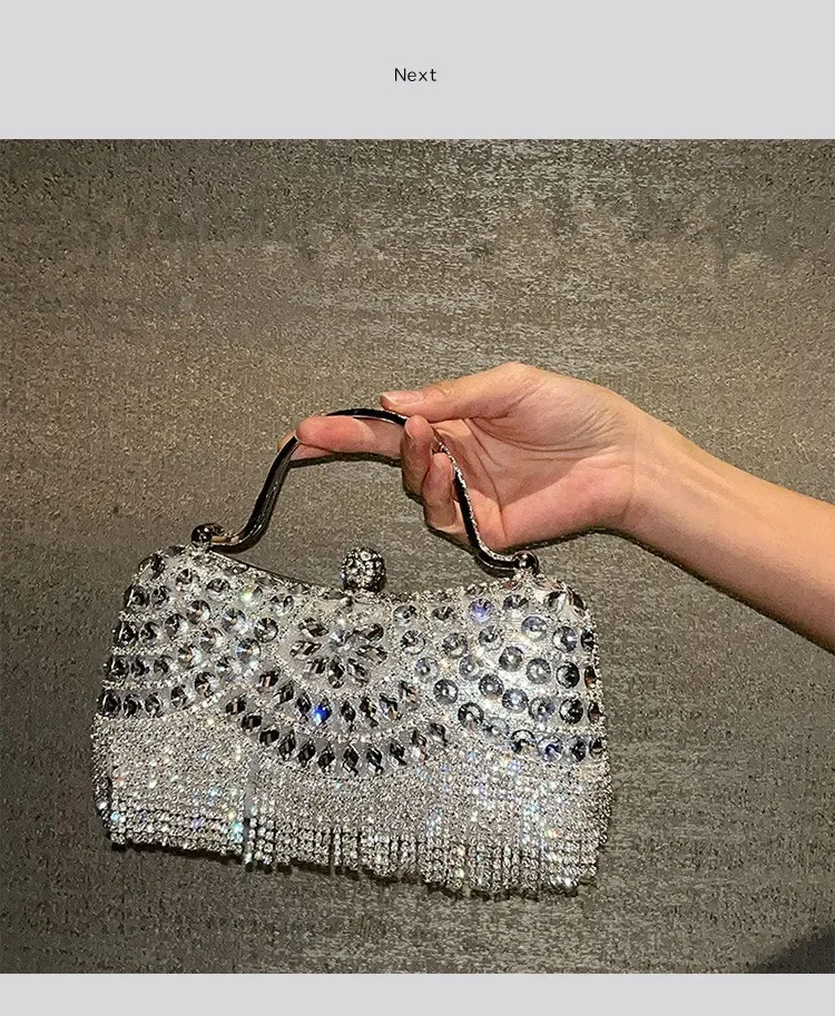 Metallische Strass-Diamant-Abendclutch mit Goldener Quaste, Luxuriöse Braut-Hochzeits-Party-Handtasche für Damen, Formelle Bankett- und Abschlussball-Tasche – Detail 14