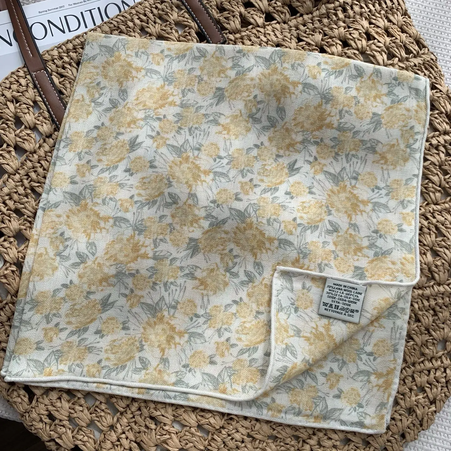Mori Girl 70% Wool 30% Silk Square Scarf for Women Autumn Winter Japanese Style Yellow Floral Print Neck Scarves