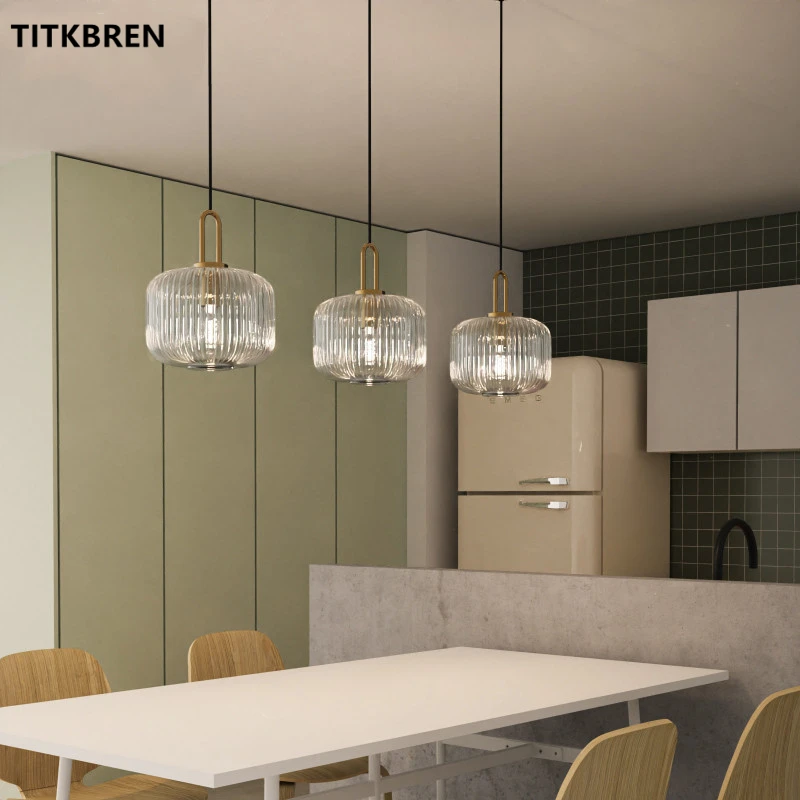Nordic Simple Style Glass Pendant Light Stripe Lampshade Design Deco Led Dining Room Hanging Lamp Copper Bedroom Fixtures