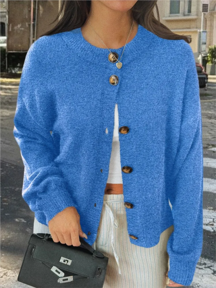 

Women New Cardigan Sweate Autumn Winter Round Neck Solid Color Stretch Round Neck Buttonst Sweater Woman Fashionable Casual Top