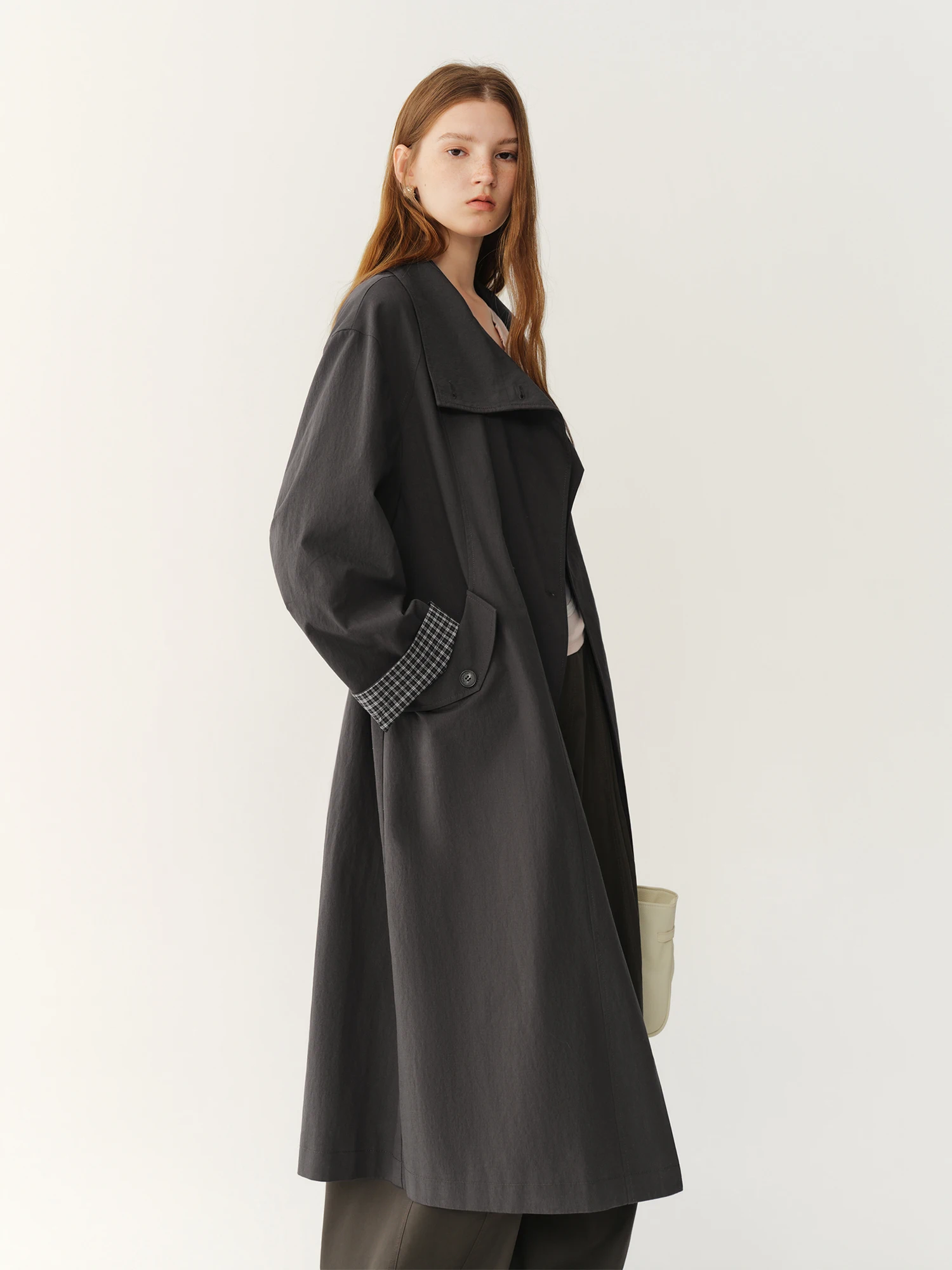 FSLE 2026 Fall Women's Vintage Stand Collar Contrast Plaid Long Lyocell Hemp Trench Coat - Sophisticated Office Commute Style