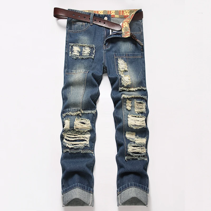 2026  American Retro Washed Rippe Street Wear  Denim Trousers High Street Trendy Brand Couple Long Trousers Hole Denim