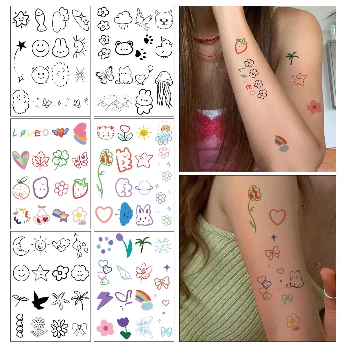 6pcs Cute Cartoon Pattern Colored Flower Heart Temporary Tattoo Stickers Small Pattern Animal Waterproof Magic Tattoo for Girls