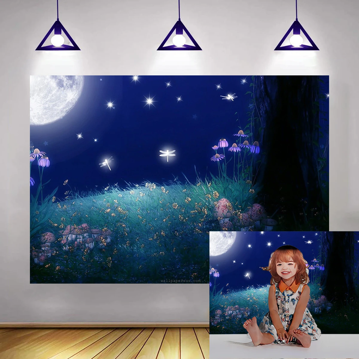 Under The Moon Fire Fly Fairy  Background Wonderland Woodland Decorations Baby Shower Girls Birthday Party Banner Backdrop