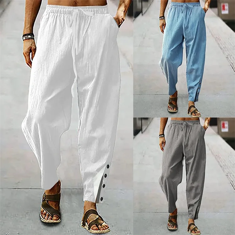 

Men Cotton Linen Button Drawstring Elastic Waist Comfortable Breathable Long Pants Beach Trousers