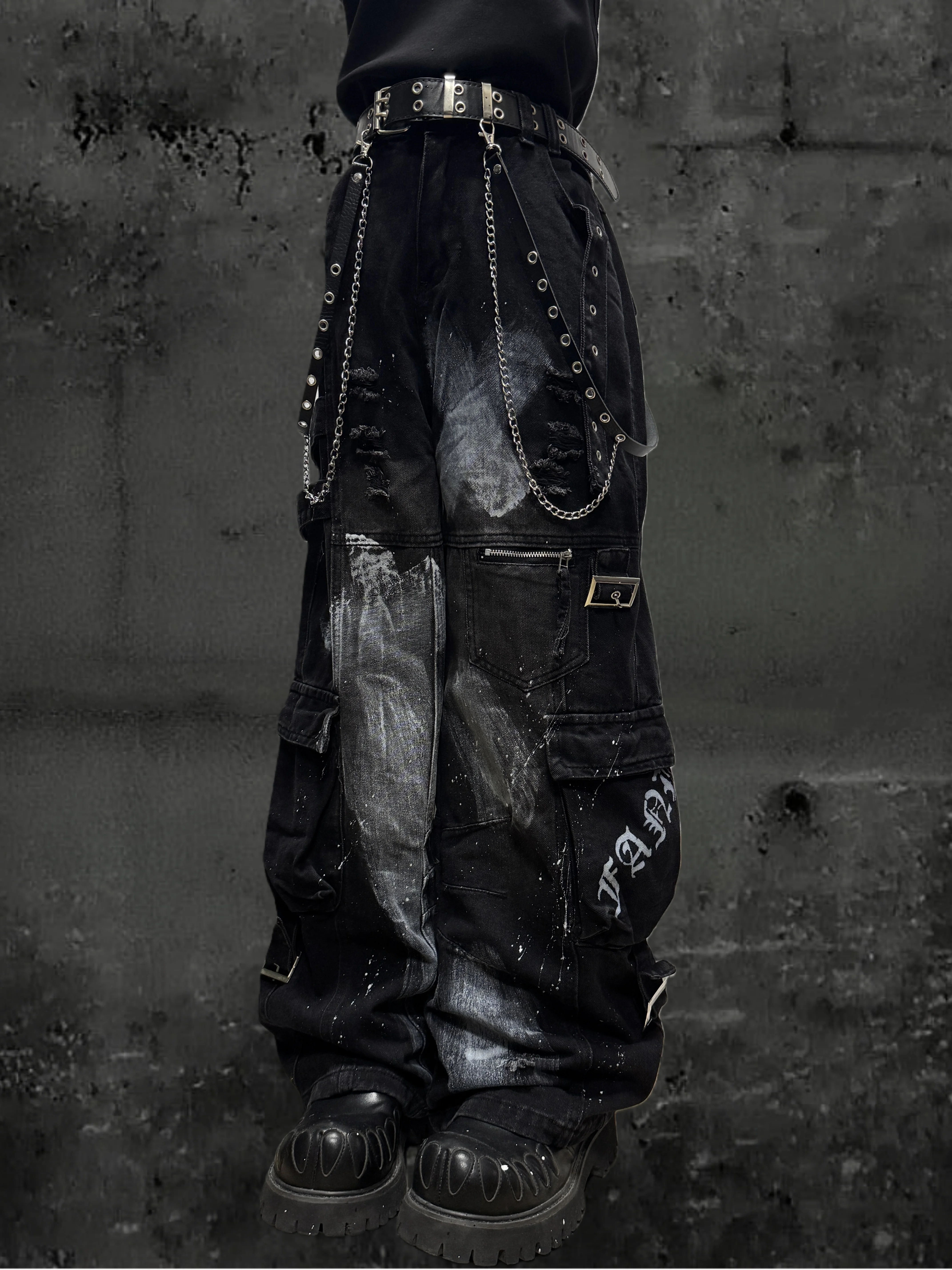 American Rock Multi-Pocket Graffiti Jeans Men and Women Waste Soil Wind Splash Ink Street Punk Wide-Leg Overalls