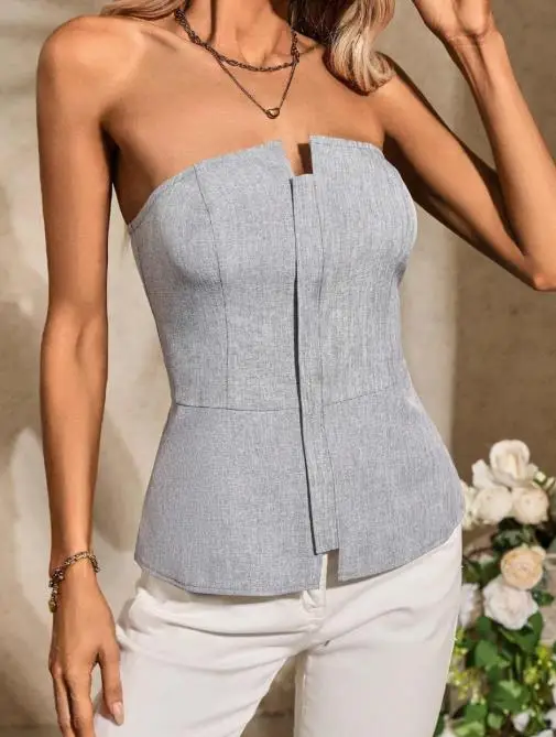 

Top Women 2025 Summer New Solid Color Temperament Sexy Hot Girl Bandeau Sleeveless Slim Zipper Camisole Top Elegant Tank