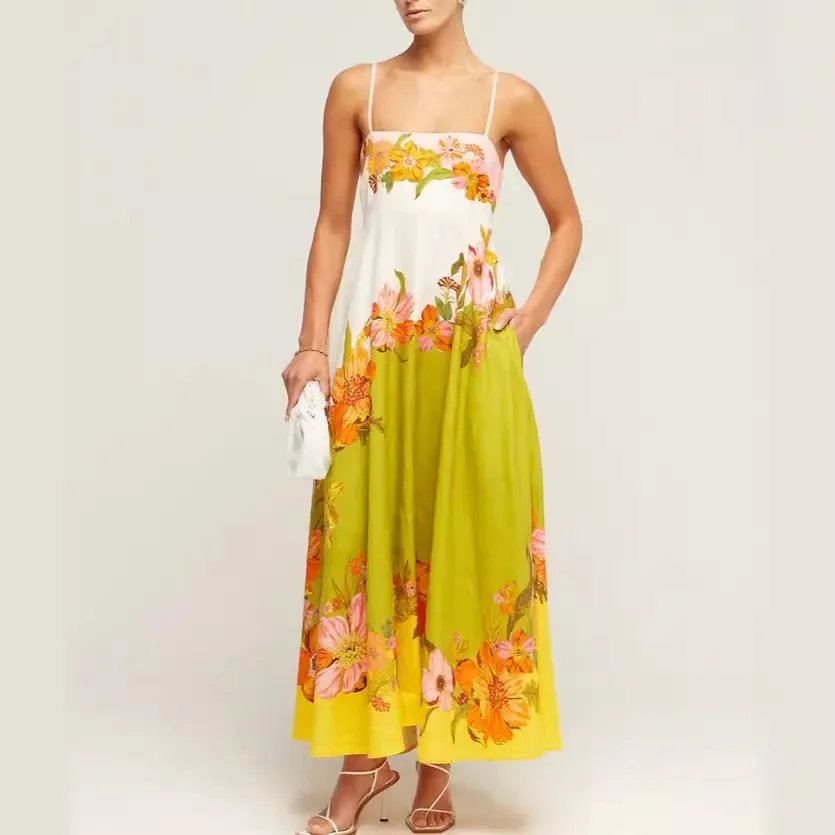 Holiday Vintage Print Dresses Women Beach Straps Slip High Waist Vacation Sleeveless Summer Dress Backless Sexy A-line Fashion