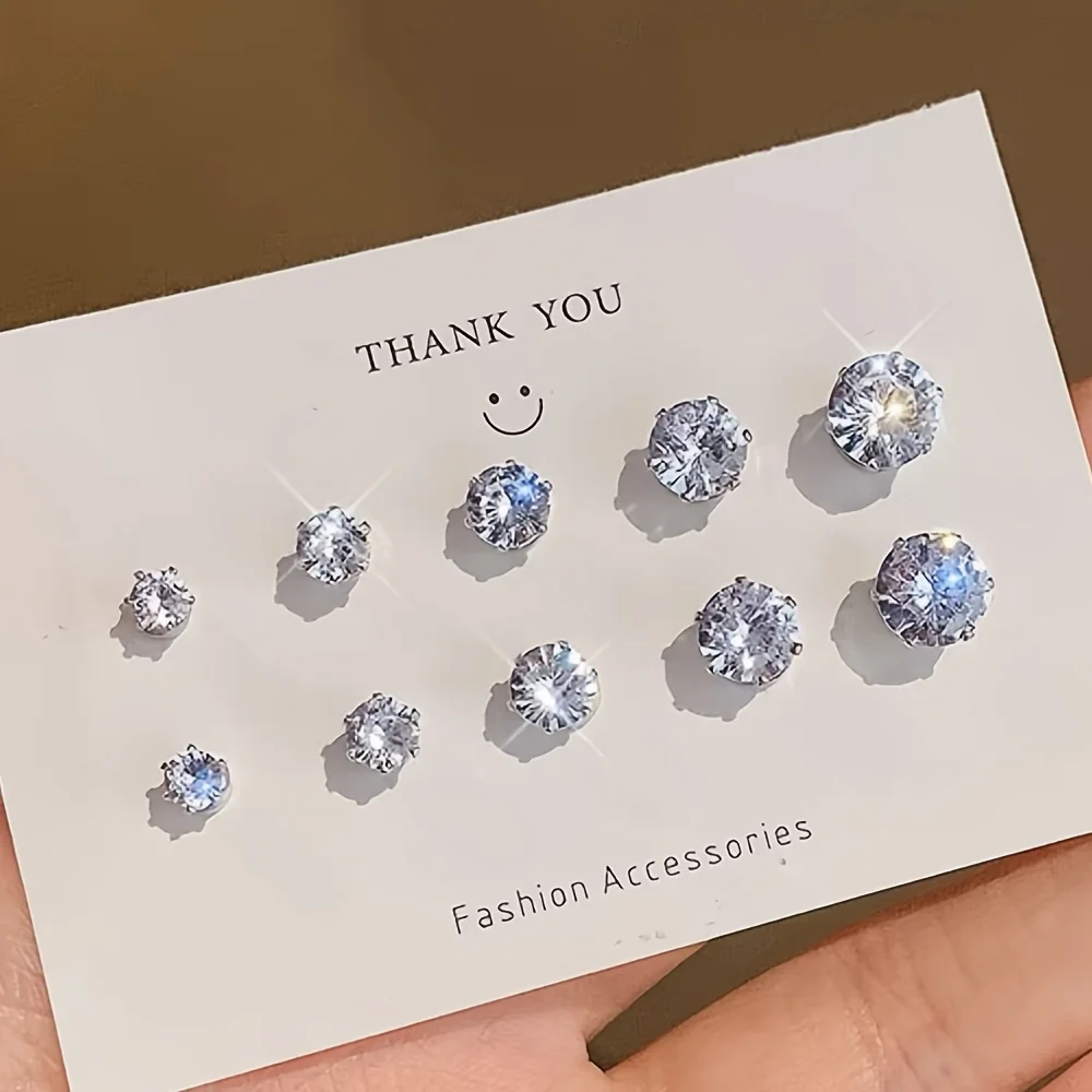 5 Pairs/set of Sparkling Clip-on Earrings, Stainless Steel with Sparkling Synthetic Zircon Embellishments, No Piercing Required, Suitable for Both Women and Men.