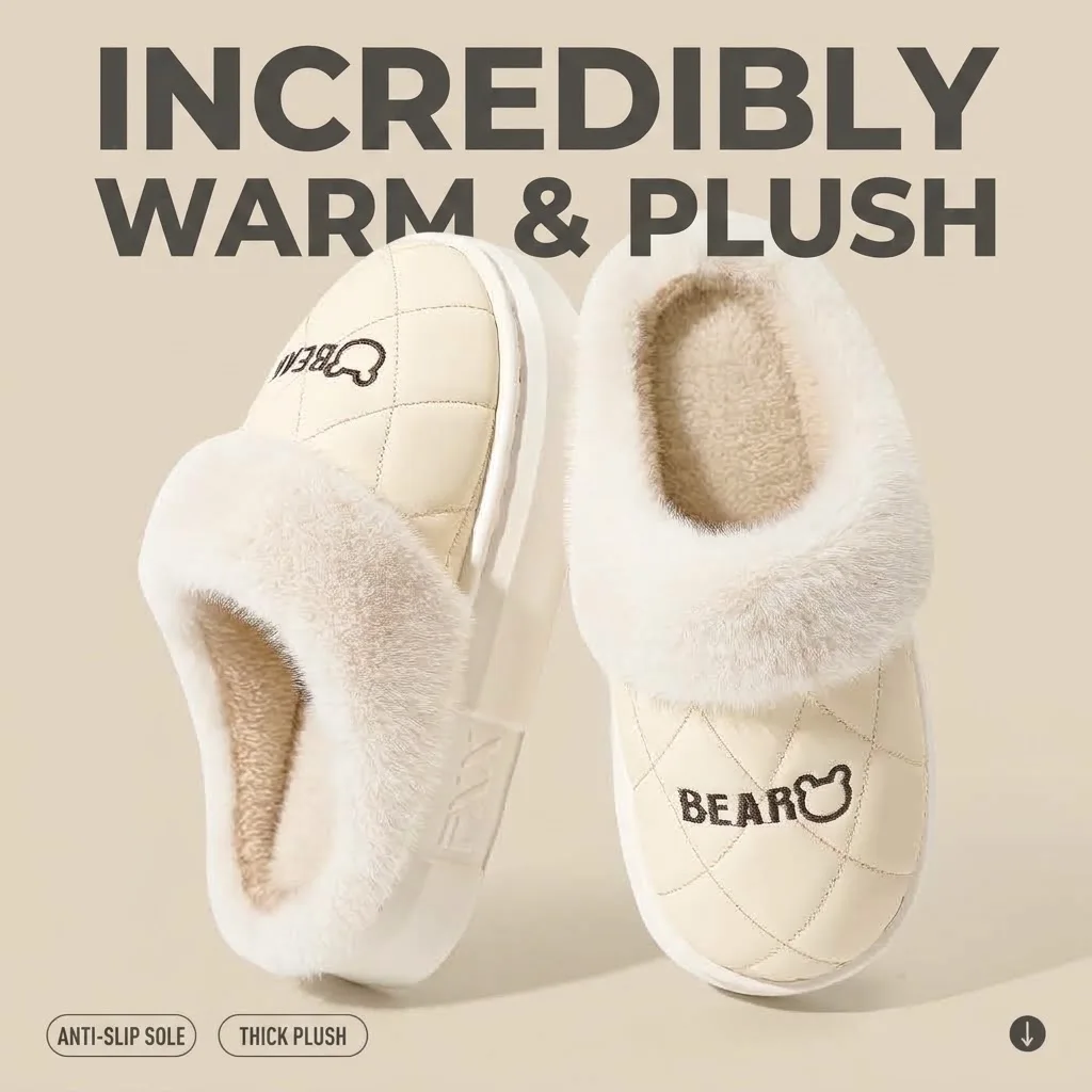 Unisex Winter Warme Plüsch-Hausschuhe für Damen und Herren, niedliche Bären-Stepphausschuhe mit Plateausohle, wasserdicht, rutschfest, für drinnen und draußen, Mules – Detail 15