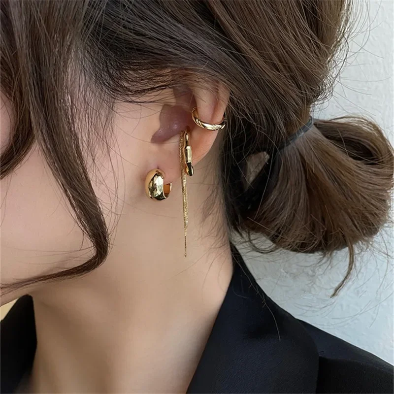 4PCS New Design Gold Color Silver Plated Geometric Irregular Tassel Chains Clip Earrings for Women Non Pierced Ear Cuff Jewelry