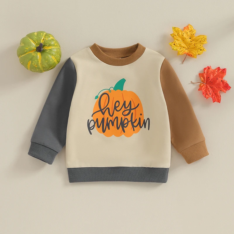 

Toddler Boy Girl Halloween Sweatshirt Long Sleeve Round Neck Pumpkin Letter Print Pullover Contrast Color Loose Tops