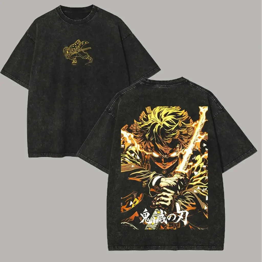 

Demon Slayer Zenitsu Agatsuma Thunderclap & Flash Golden Surge Acid Wash Oversized Black T-Shirt 2026 Summer Anime Graphic Tee