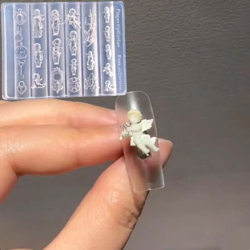 Anjo relógio 3d silicone molde de unhas coração bloqueio unhas modelos diy decorações da arte do prego placas de carimbo manicure ferramentas de design