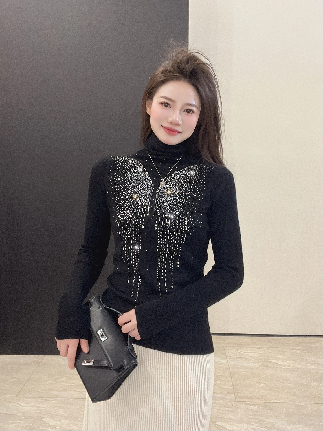 

Шерстяной вязаный свитер с блестящими элементами, женский, с высоким воротником, облегающий, базовый слой, украшенный, с легкой флисовой подкладкой, для ношения под одеждой