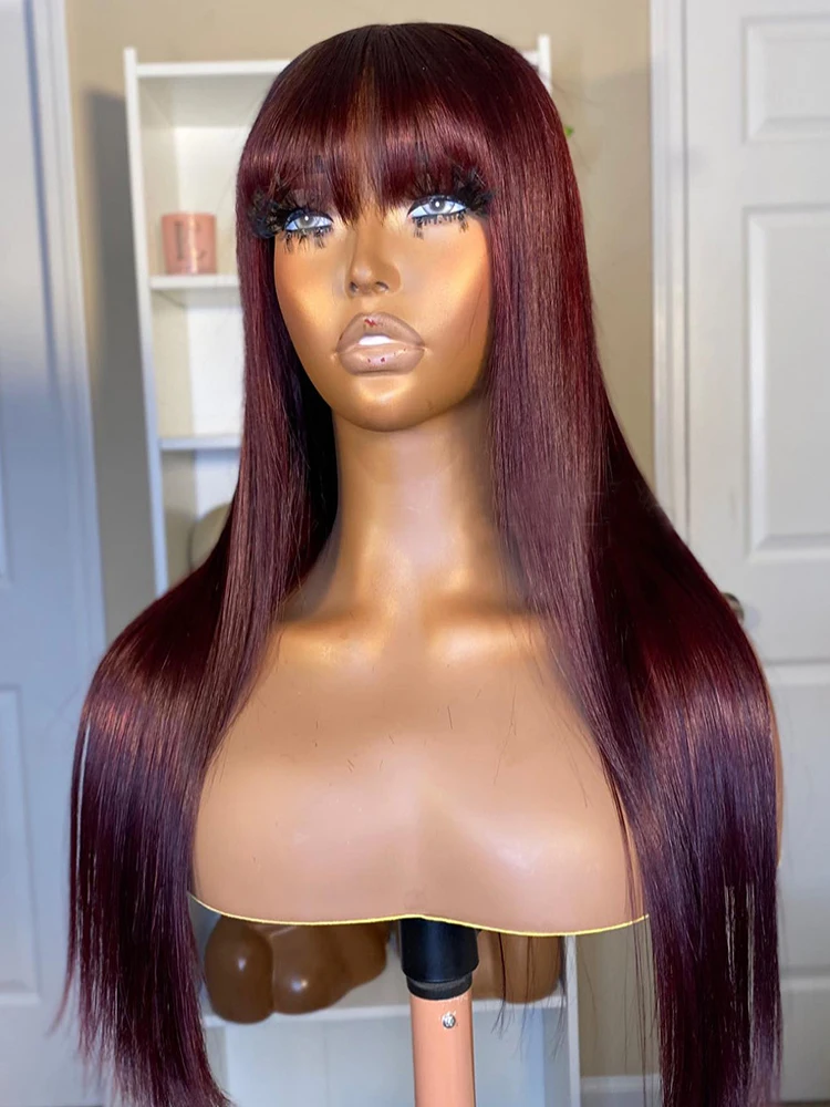 99J Burgundy Red Human Hair Wig With Bangs Straight Full Machine Made Glueless preplucked human wigs ready to go wigs for Women