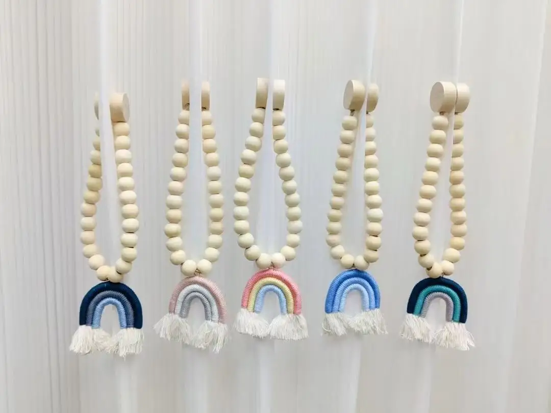 2pcs Cartoon Rainbow Wooden Bead Curtain Tiebacks, Light Luxury French Style Handmade Sheer Curtain Ties, Holdbacks
