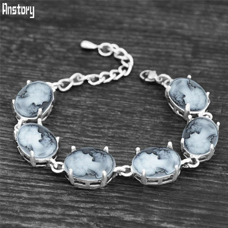 Oval Lady Queen Cameo Bracelets For Women Vintage Antique Silver Plated Prong Resin Fashion Jewelry