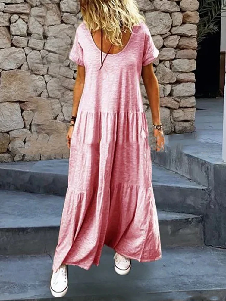 

Summer Women's Long Casual Style Polyester Material 2024 New Fashion Round Neck Pullover Solid Color Mid Waist Dress