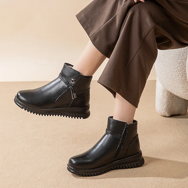 

Black Leather Ankle Boots For Women With Decorative Buckle Detail Round Toe Non Slip Wedge Sole Comfortable Casual Outdoor New