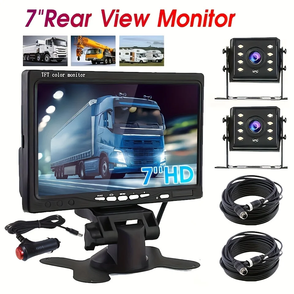 4PIN Rear View Backup Kit 7 inch Monitor Display Heavy Duty Night Vision Reverse Camera Parking for Bus Trailer Pickup Vehicle