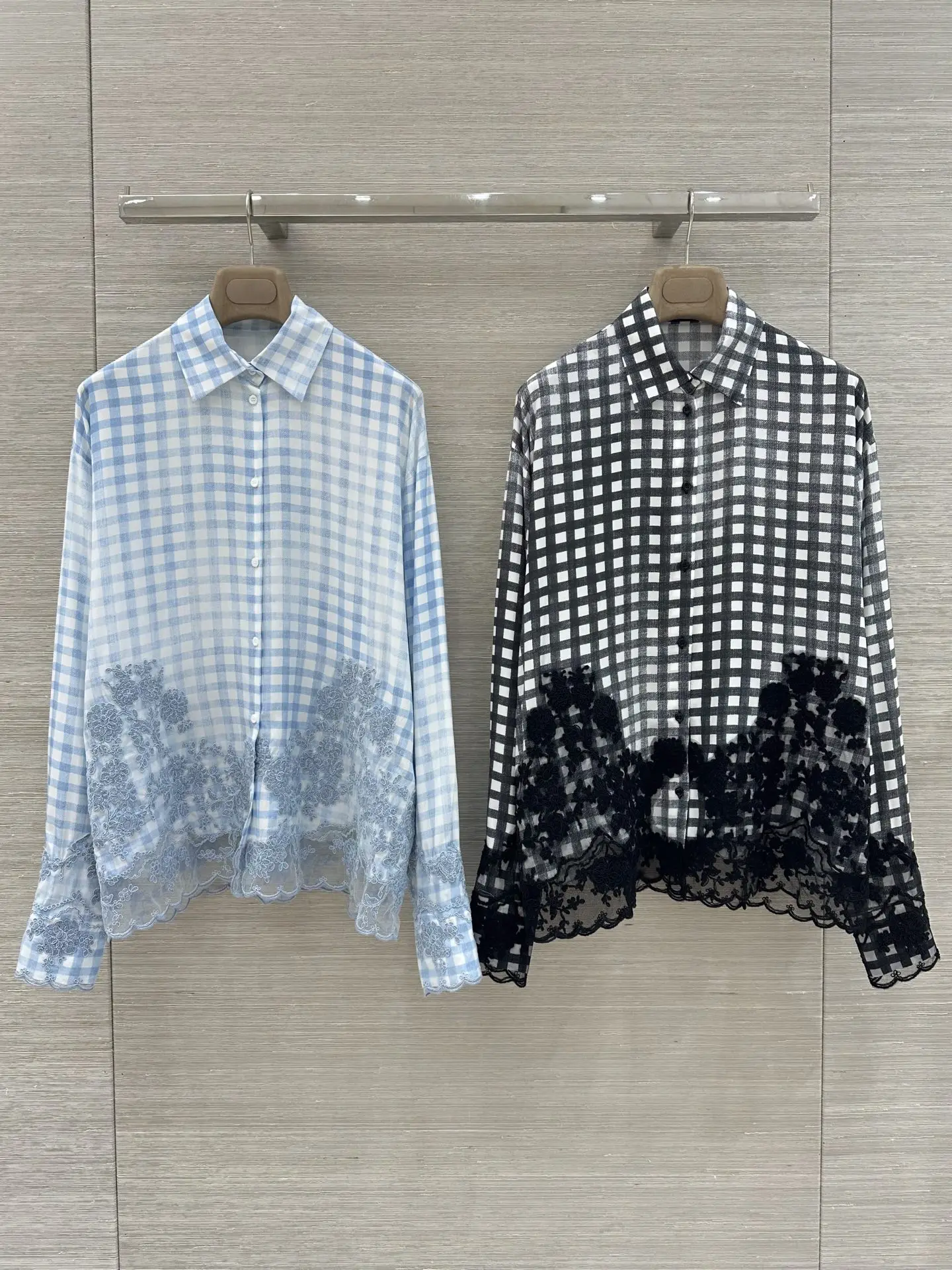 

100% Silk Women Plaid Blouse Top 2026 New Lace Patchwork Turn-down Collar Long Sleeve Single Breasted Loose Fashion Shirt