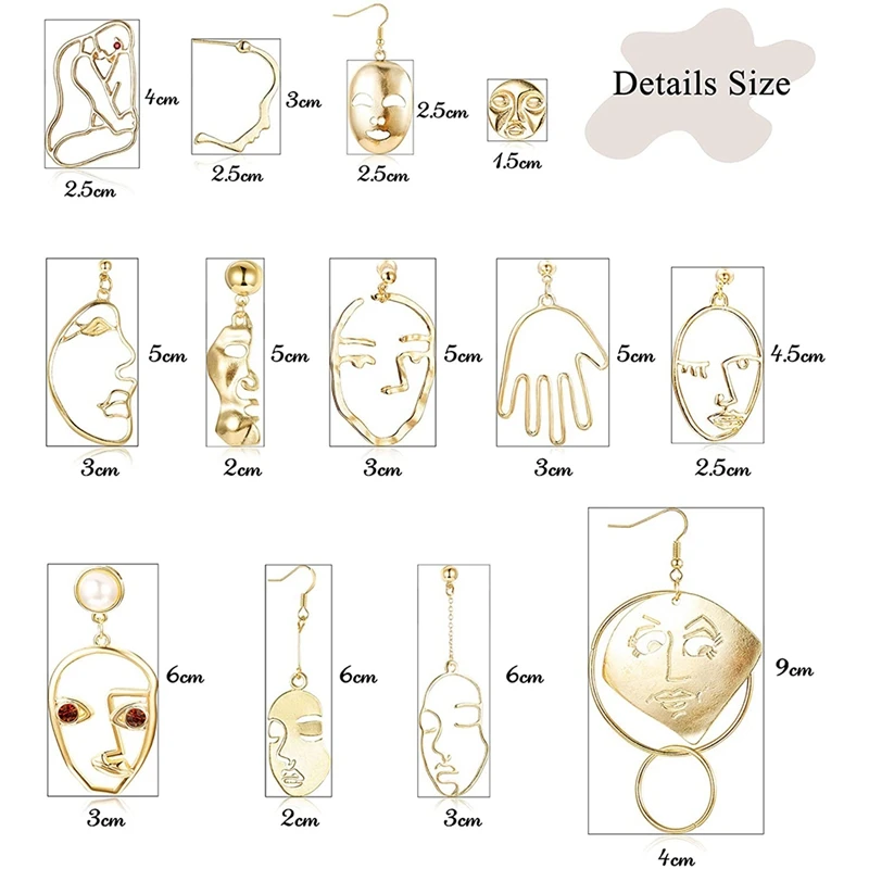 13Pairs Face Statement Earrings Hollow Face Hand Shaped Drop Dangle Earrings Set Punk Style Jewelry