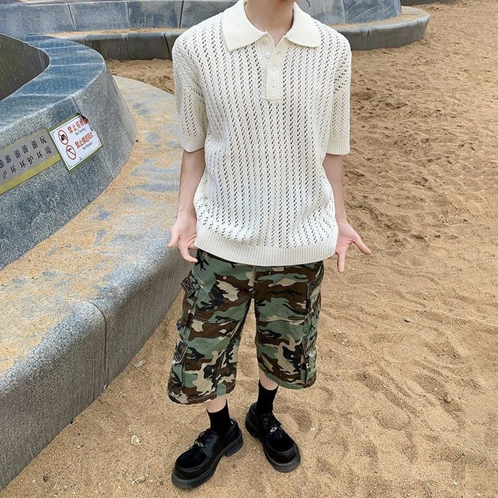Sweater pria Hollow kasual Polo Sweater musim panas Streetwear Fashion pemuda kampus atasan lengan pendek uang tua pakaian pria 2025 baru