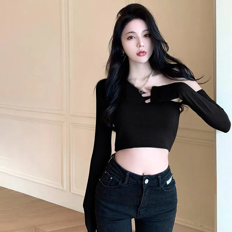 Fashion Korean Tops Long-sleeved Sloping Shoulders Bottoming Shirts Irregular Y2K Spring Autumn Crop Tops