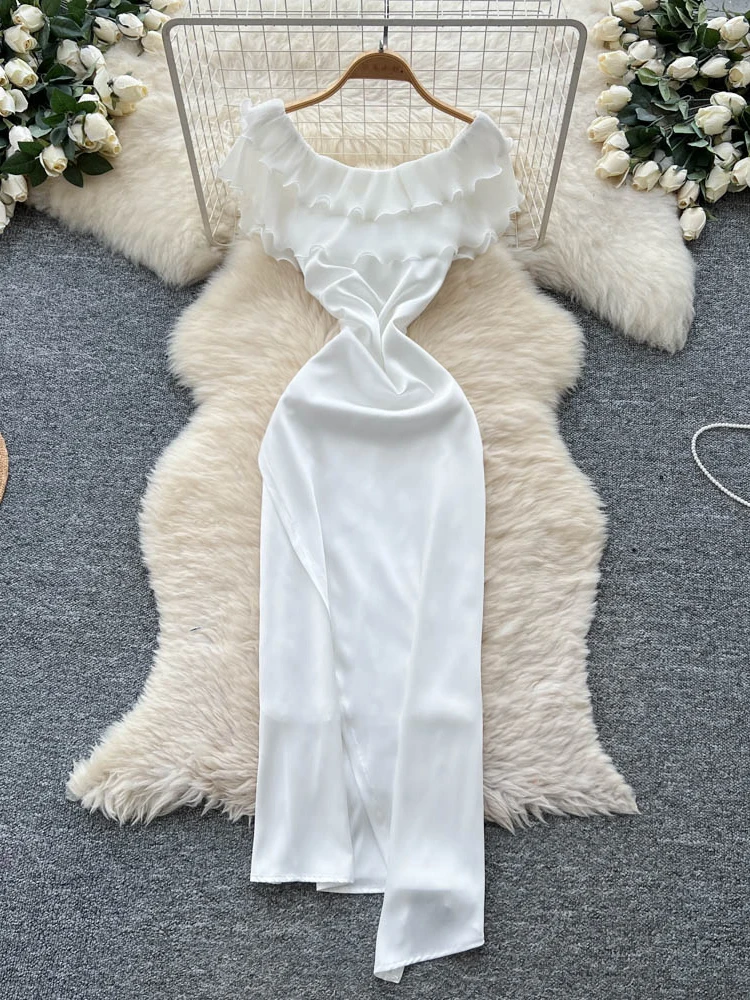 White Gown Women's Design Sense Ruffle Splice Slimming Uneven Satin Dr Korean Sle High Waist A-Line Skirt ort Sve