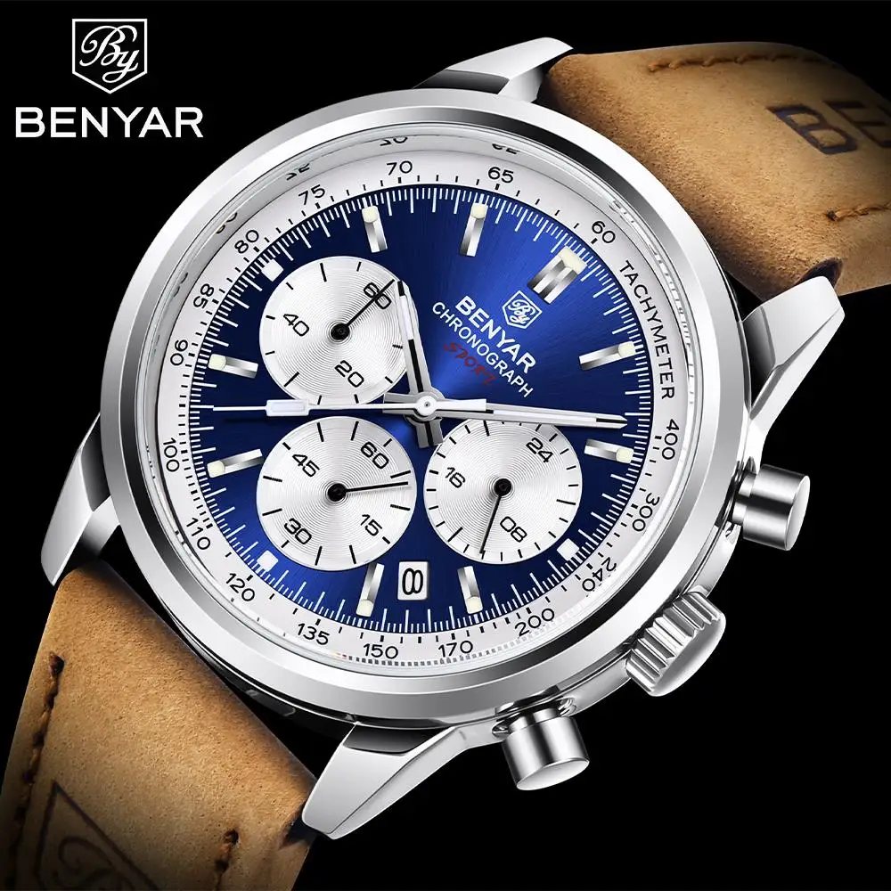 BENYAR New Sport Men Quartz Wrist Watch Top Brand 42MM Military Watch Luxury Chronograph 30M Waterproof Men Clock Reloj Hombre