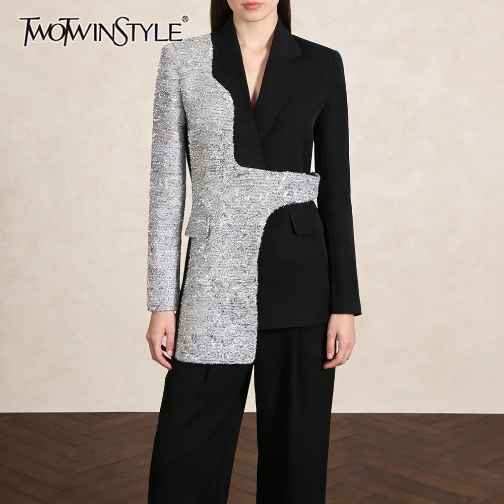 

Женская элегантная куртка TWOTWINSTYLE с цветными блоками и карманами, с отложным воротником, длинными рукавами, для повседневной носки, осенняя мода, новинка