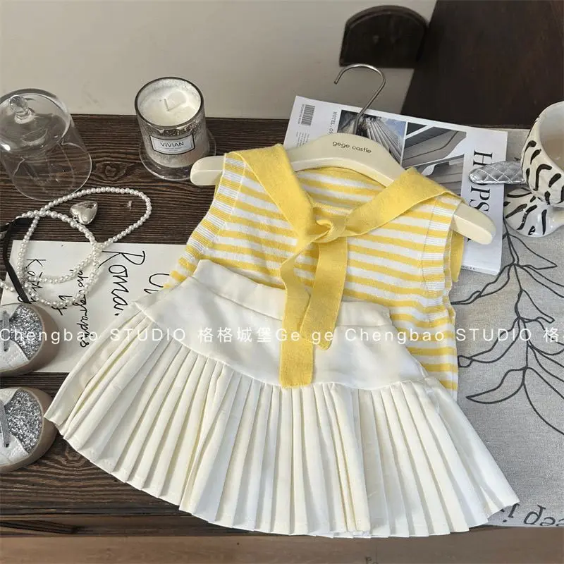 

Girls' Summer Set 2025 New Fashionable Baby Girl Top Children's Fashion pleated Skirt, Casual Two piece Set