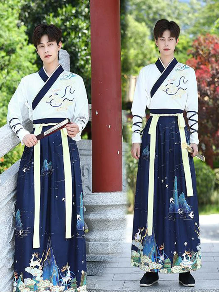 Chinese style Men 5xl Blue Fairy Deer Embroidered Hanfu Dress Ancient Kimono Student Class Uniform Set Cosplay Costumes Dresses