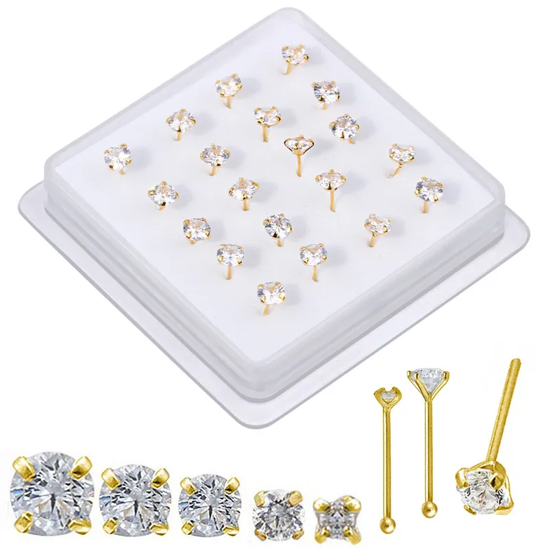 20 Pcs Straight Pin Nose Studs With 1.5mm 2MM 3MM 4MM CZ Crystal Nose Rings Piercing Body Jewelry Nose Bone Ball Pin