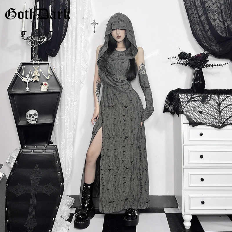 Goth Dark Chic Streetwear Outfit Mall Gothic Sleevelees Hooded Dress Punk Grunge Holes Hem Split Dresses for Women with One Cuff