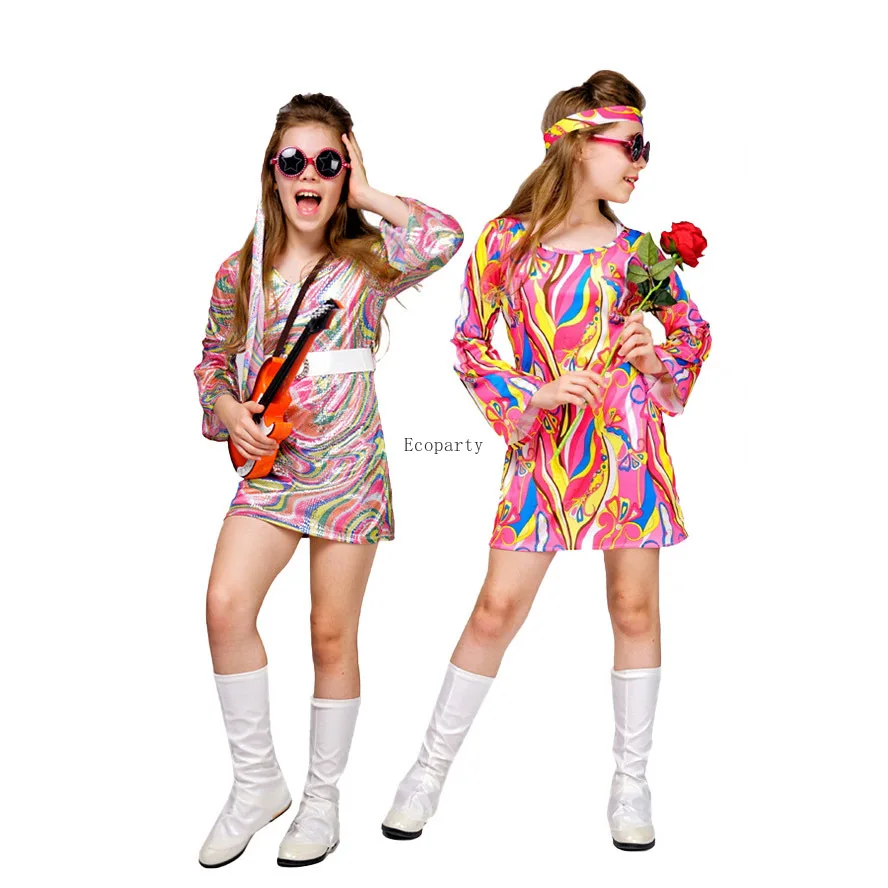 Girls 'Hippie Dress Halloween Cosplay Clothes, Kids Fancy Dress, Disco Party Costume, Crianças Purim Outfits Suit, 60s, 70s, Atacado