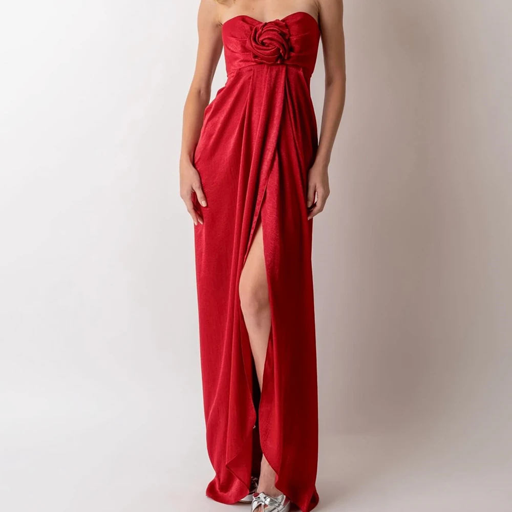 

Red Flowers Velvet Sleeveless Side Slit Evening Dress Straight Floor Length Buttons Pleats Sweetheart Bespoke Occasion Gowns