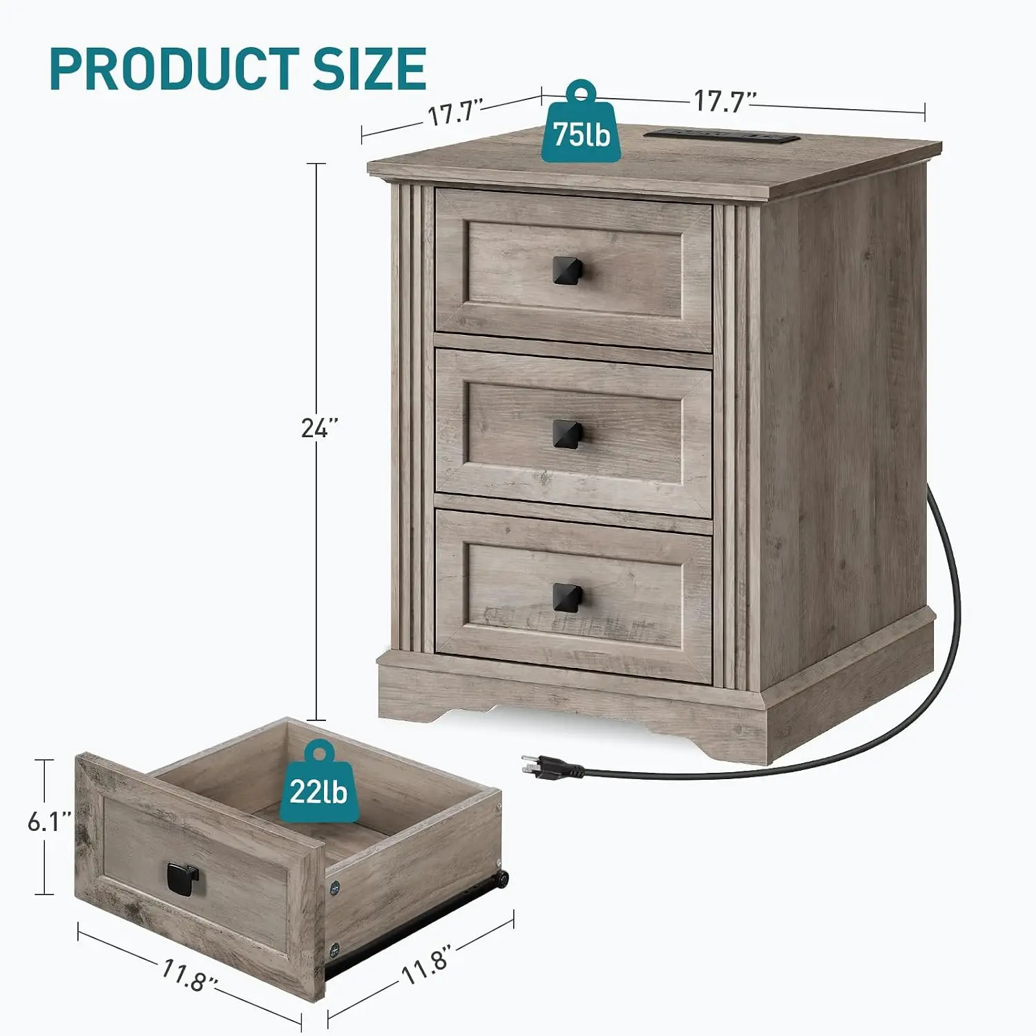 Nightstand with Charging Station & 3 Drawers, Bedroom Side Table, Greige, Customized