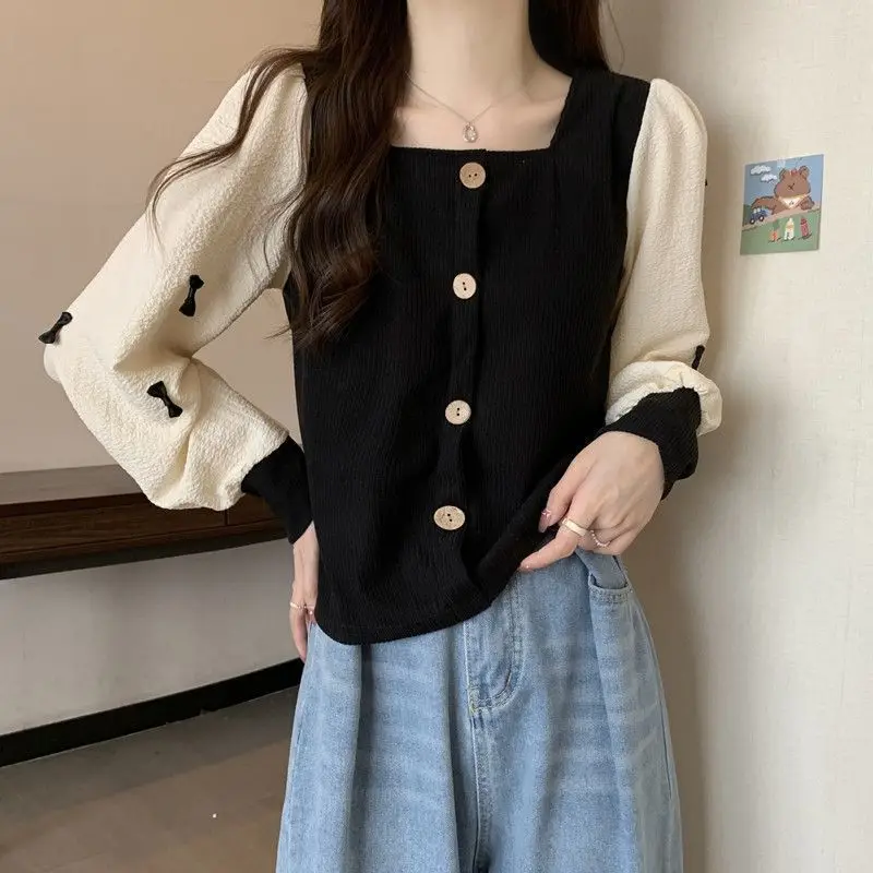 Women Trendy Kawaii Bow Chic Button Patchwork T Shirt Spring Autumn Female Casual Square Collar Long Sleeve Tops Ropa De Mujer