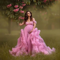 Fluffy Pink Tulle Maternity Robes for Photo Shoot Off Shoulder Tiered Ruffles Pregnant Women Dress Customized Baby Shower Gown