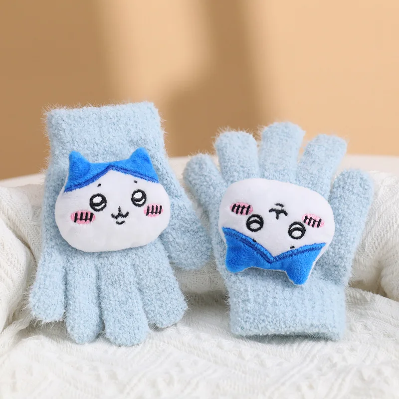 MINISO CHIIKAWA-Gants de dessin animé pour enfants, tricotés, chauds et froids, 5 doigts, rabat fendu, polaire épaissie