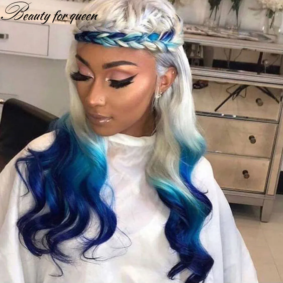 Ombre Blue Lace Front Human Hair Wigs For Women 150% Brazilian Hair Front Lace Wigs With Baby Hair Transparent Lace Frontal Wigs