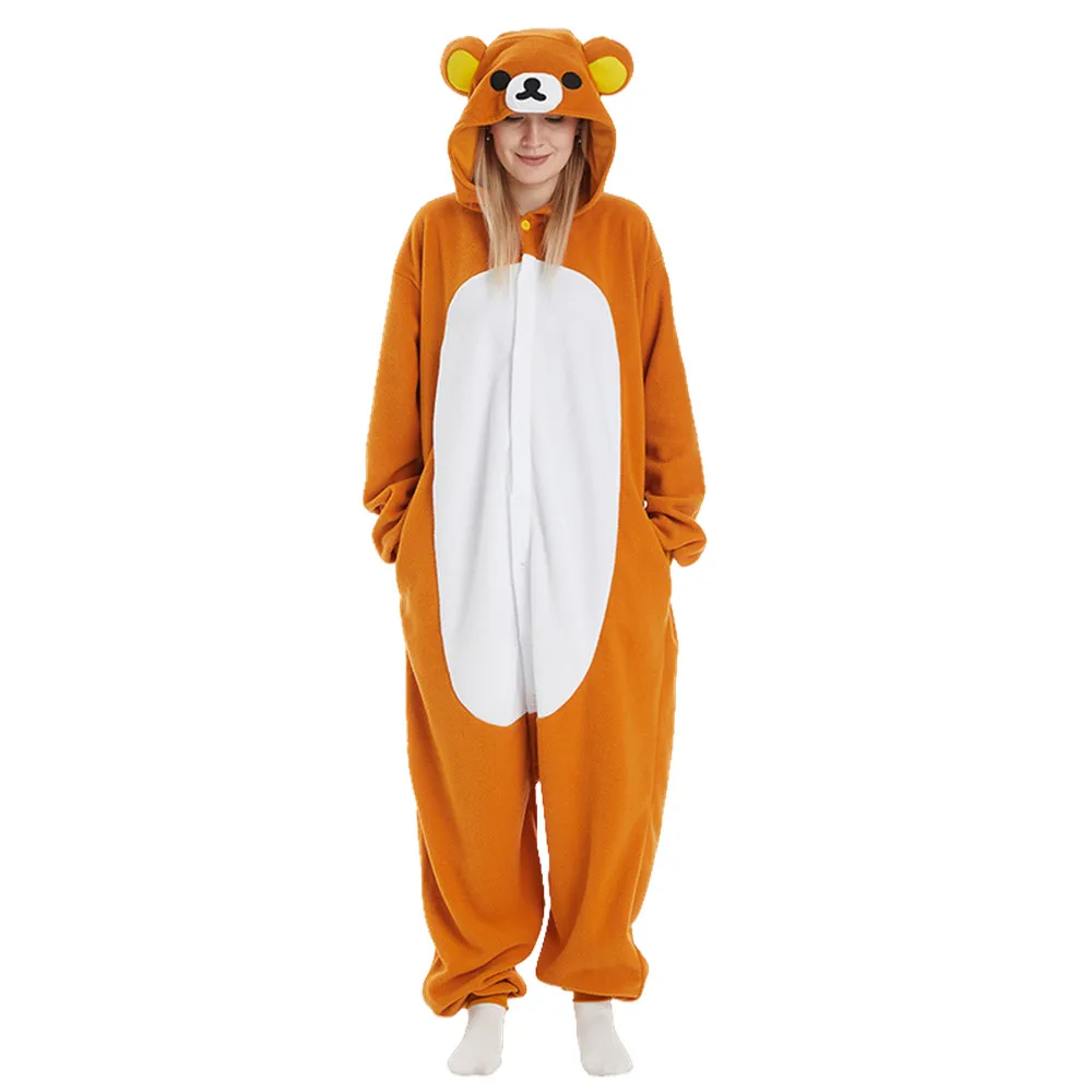 Polar Fleece Animal Kigurumi Rilakkuma Bear Adults Onesies Pajamas Women Jumpsuit  Men\'s Sleepwear for Halloween Carnival Party