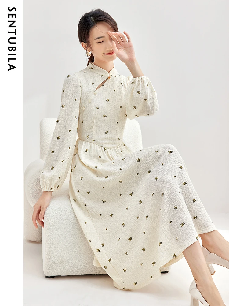 

SENTUBILA Print Cheongsam Midi Dress Women Spring Autumn New Chinese Style Stand Collar Fashion Hollow Dresses Woman 133L51778