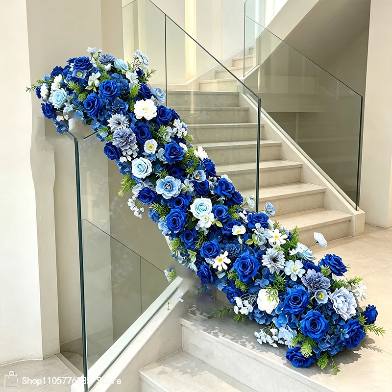 Königsblauer Kunstblumen-Tischläufer, Blumenarrangement-Ball, Hochzeits-Bodenblumenreihe, Gangdekoration, Event-Hintergrund, Dekorationszubehör – Detail 7