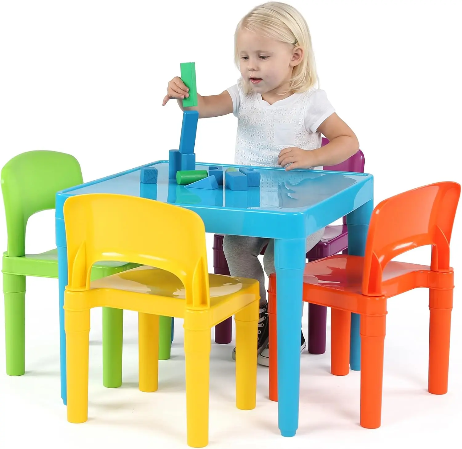 Tripulação-Conjunto de 4 cadeiras e mesa de plástico leve infantil, azul, vermelho, verde, amarelo, roxo, quadrado