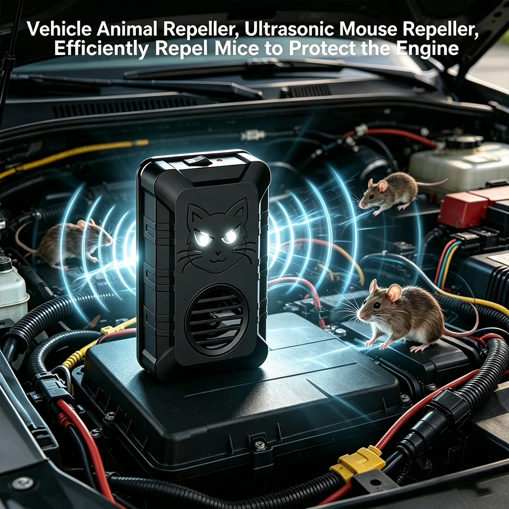 Repelente Ultrasónico de Ratones para Auto 3 en 1, Dispositivo Antirroedores para Vehículos con Luz LED Intermitente, Control de Plagas en el Compartimento del Motor para Autos y Camionetas