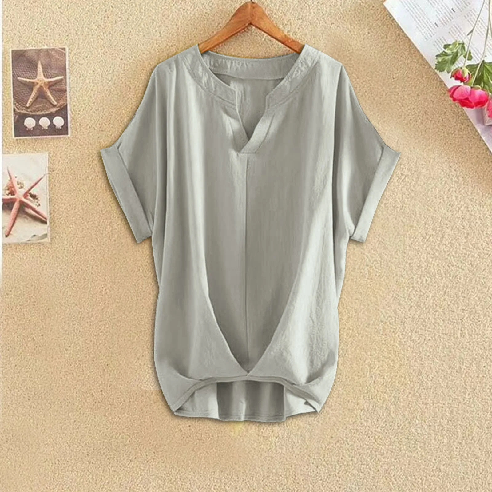 

Shirt Women's Top Spring Summer Office Short Sleeve 3/4 Sleeve Fashion Slit Shirt Long V Neck Sexy Design Womens T Shirts Pack